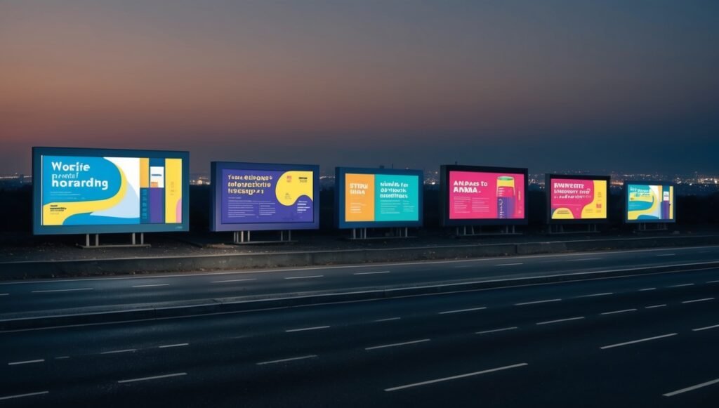 Multiple large advertising hoardings on former empty plot beside highway