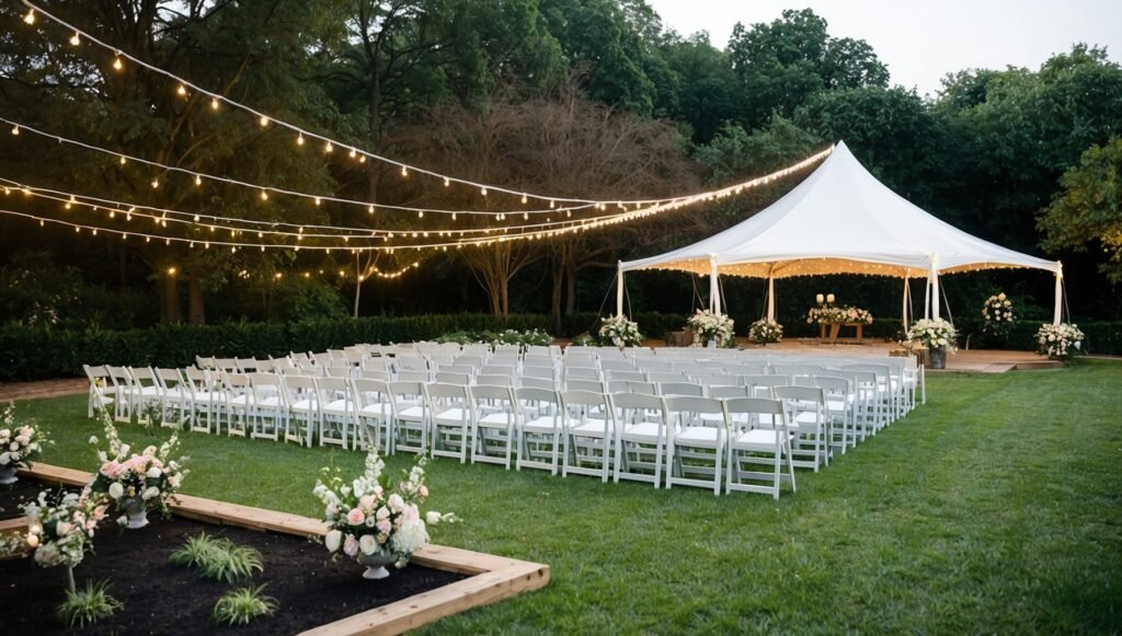 Elegant outdoor wedding venue on landscaped empty plot