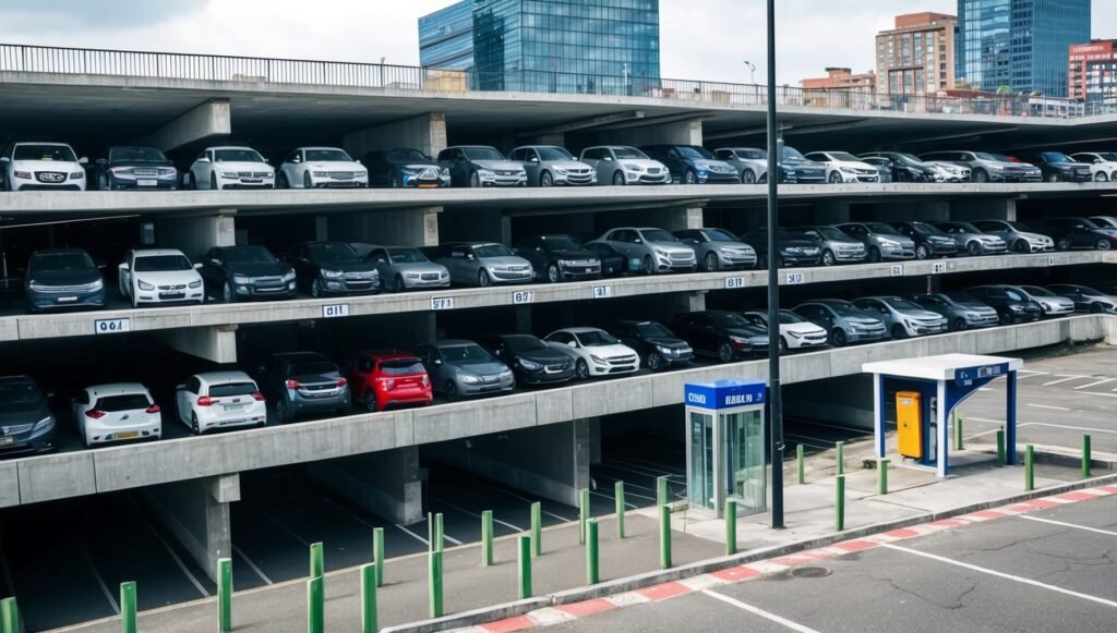 Multi-level parking structure on urban empty plot near metro station